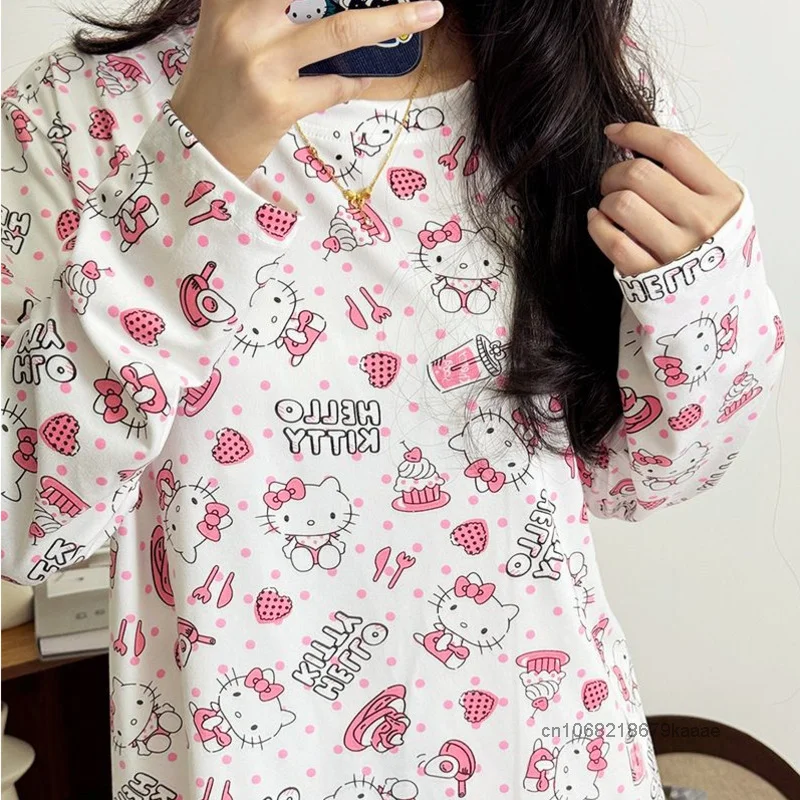 Sanrio Hello Kitty Korean Version Cute Pajamas Women New Long Sleeved Pants Casual Home Clothes Set Sweet Y2k Girl Style Pajamas