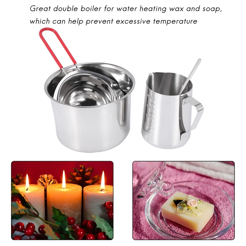 4 Set Stainless Steel Double Boiler Long Handle Wax Melting Pot, Pitcher & Mixing Spoon Candle Soap Making, DIY Scented Candle H