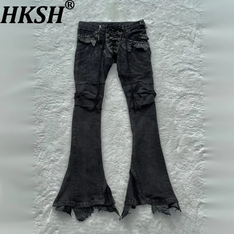 HKSH Spring Autumn New Men's Tide Chic Dark Punk Denim Pants Leather Patchwork Jeans Flared Adjustable Zipper Skinny Y2K HK28666