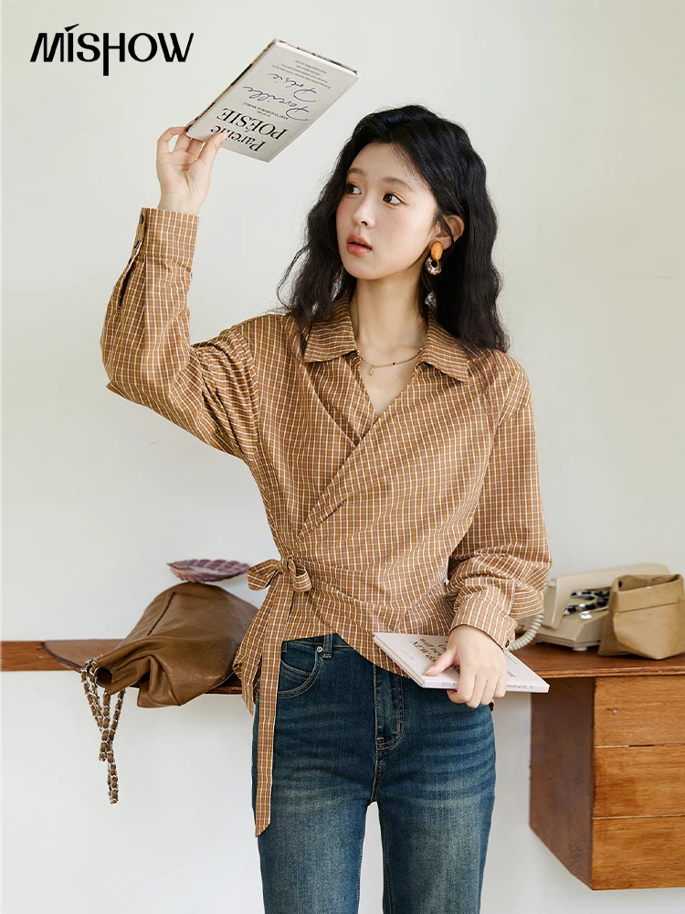 

MISHOW женская рубашка в темно-оранжевую клетку из 100% хлопка, осенний дизайн, рубашки с длинными рукавами и шнуровкой по бокам, офисная женская рубашка MXE46X2494