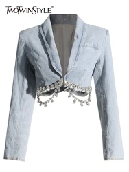 TWOTWINSTYLE-chaqueta vaquera de retales con diamantes para mujer, abrigo de manga larga con solapa y botones empalmados, ropa de calle femenina, 2023