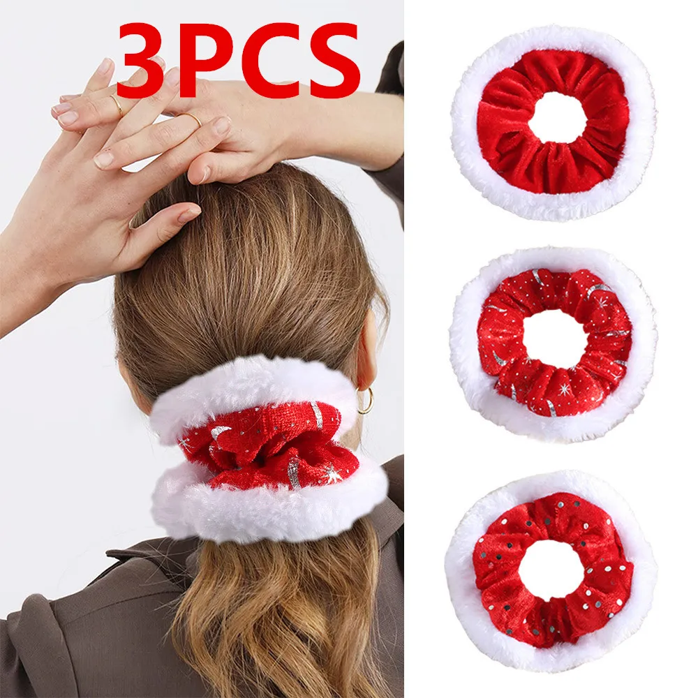 

3pcs Christmas Hair Scrunchies Hair Rope, Velvet Plush Hair Scrunchies Ponytail Holder, Glitter Women Hair Ring