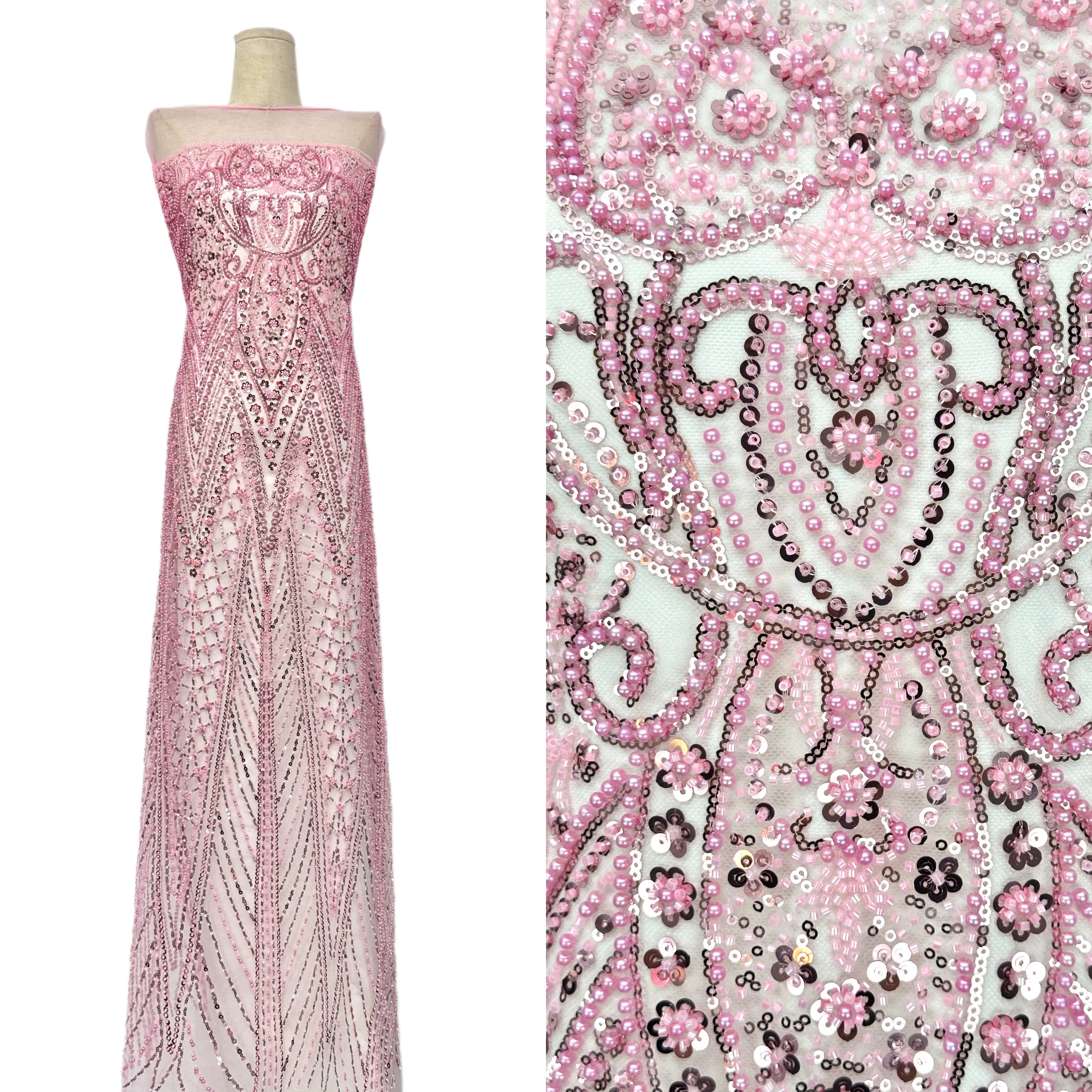 

African Luxury 5 Yards Beads Sequins French Mesh Lace Beaded Embroidery Tulle for Nigerian Wedding Dress Material