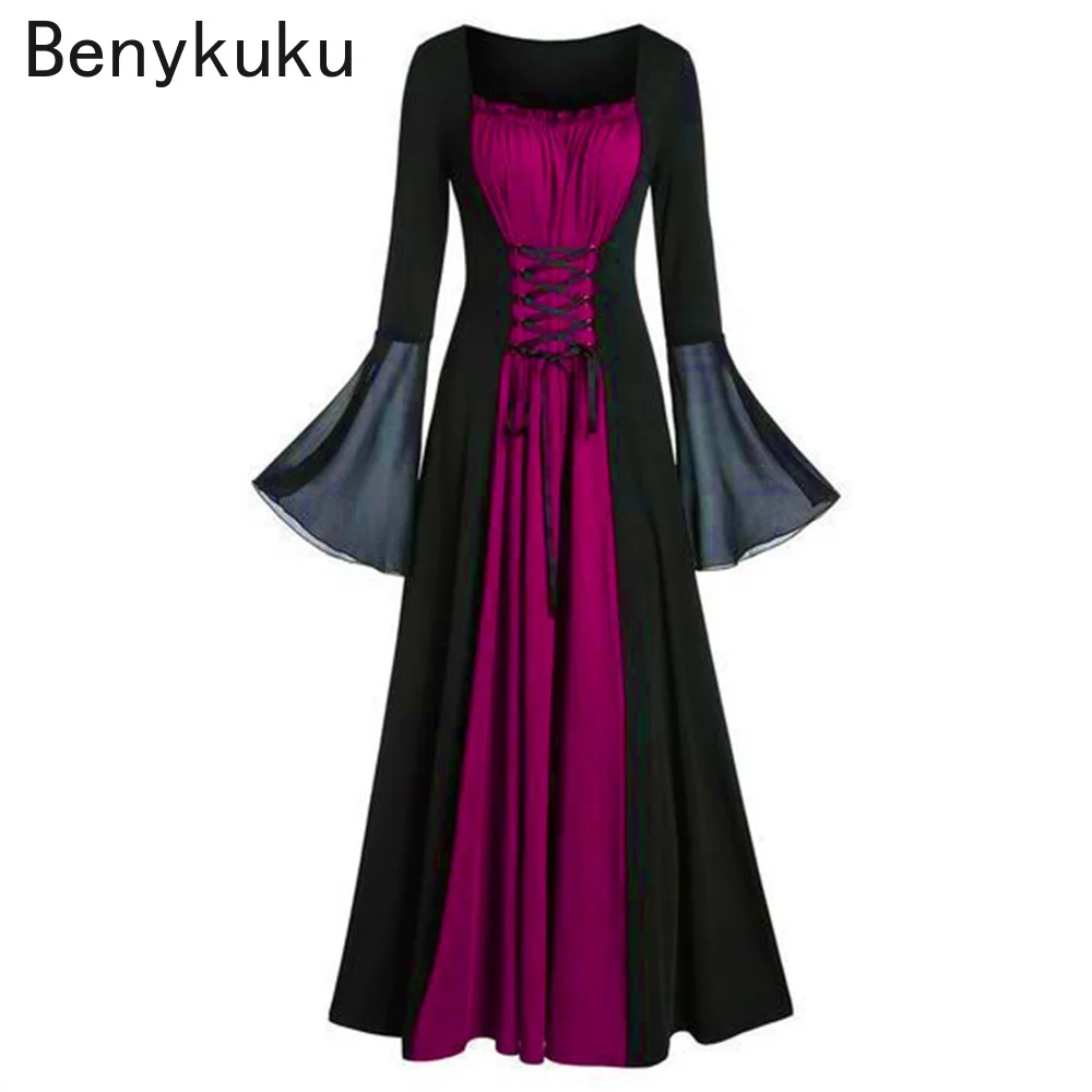 

Halloween Medieval Costume for Women Flare Sleeve Vintage Black Gothic Clothes Lolita Steampunk Bandage Goth Long Dress Robe