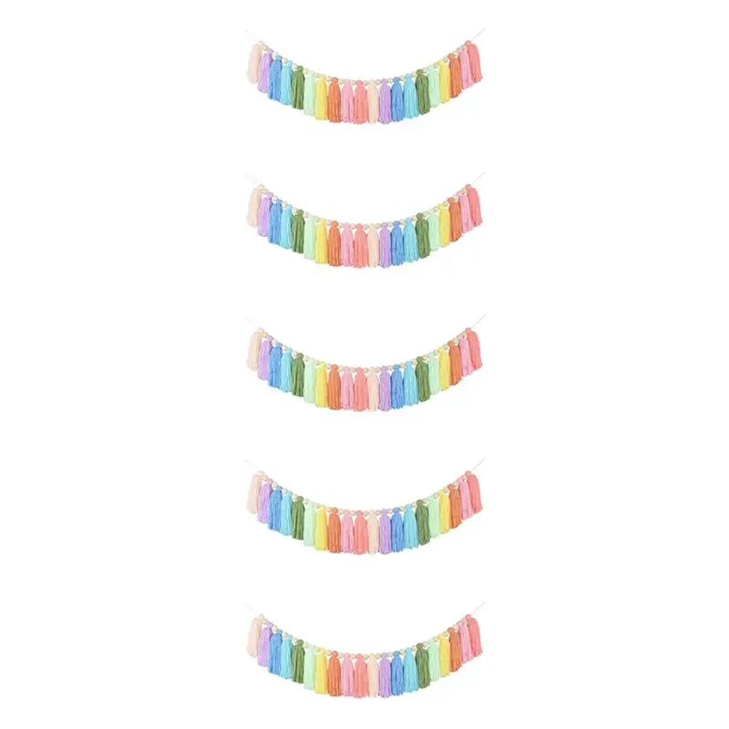 

5Pcs 37Inch Pastel Rainbow Tassel Garland With Wood Bead Colorful Tapestry For Bedroom Wall Classroom Nursery