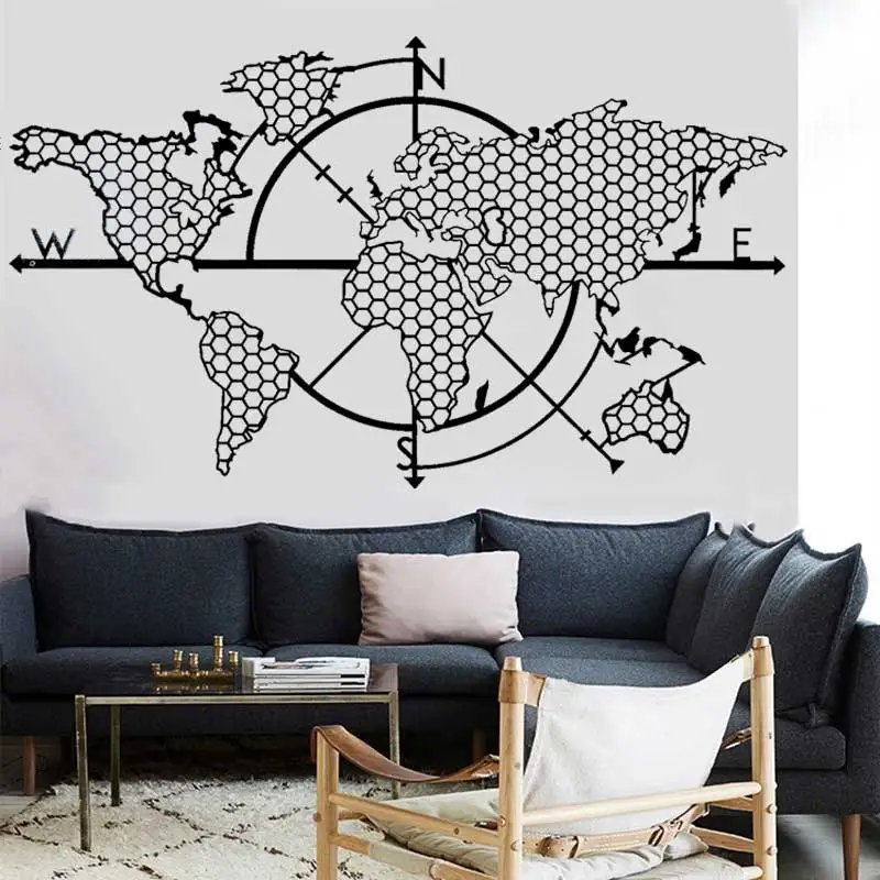 Honeycomb Geometric World Map Compass Vinyl Wall Stickers Home Living Room Office Art Walls Modern Fashion Decor Stickers Gif Z1