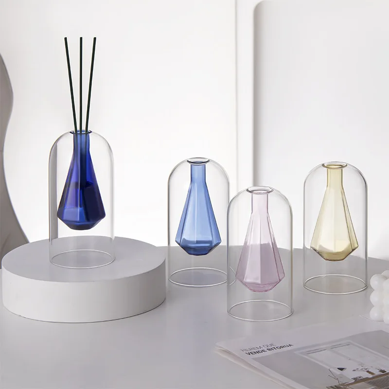 

Two Layer Diamond Shape Colored Diffuser Bottle with Sticks, Hand Blown Glass Vase for Home Small Bouquet,Wedding Centerpieces