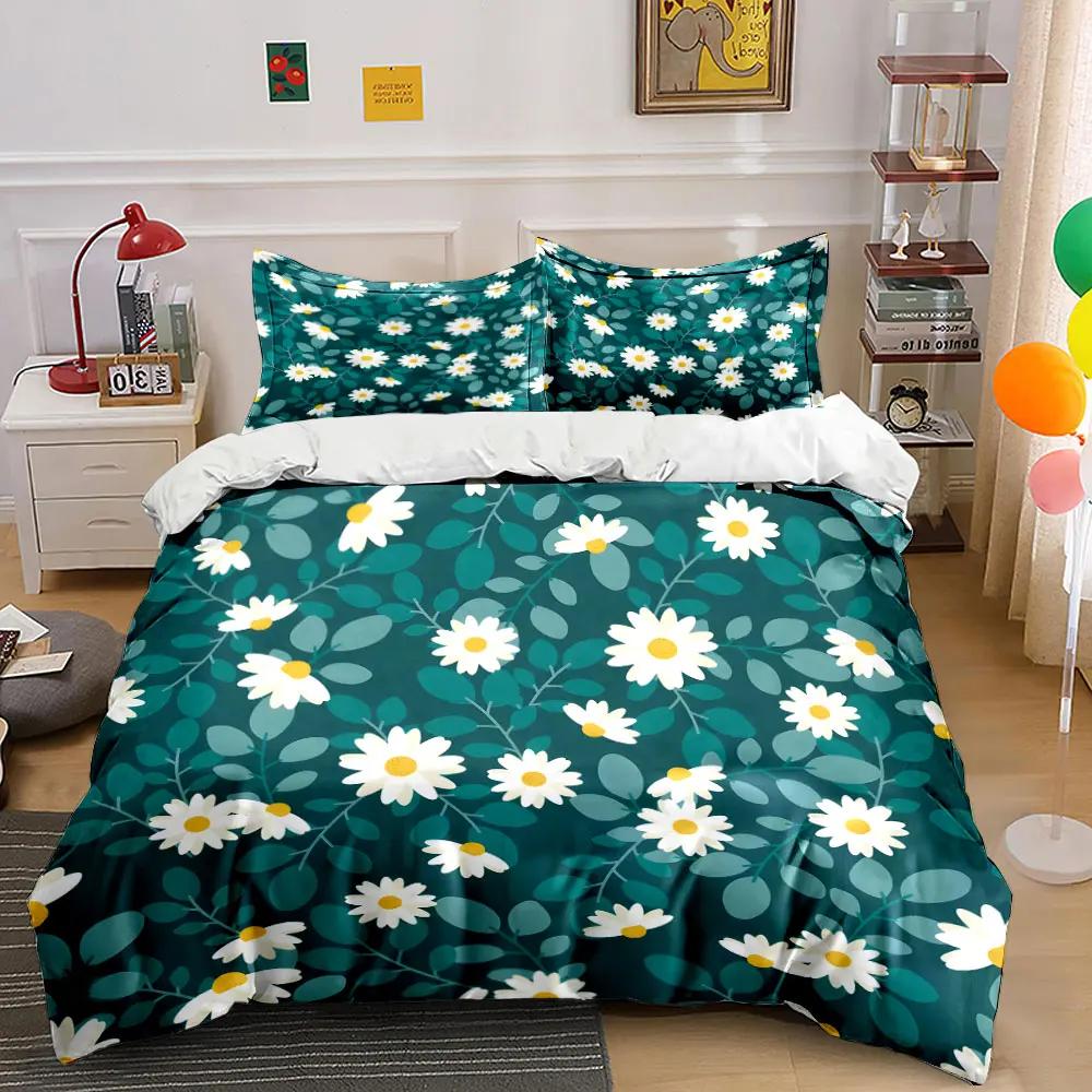 

White daisies with green leaves background Bedding Set 1 Duvet Cover 2 Pillowcases for Adult and Children Luxury Gift Full Size