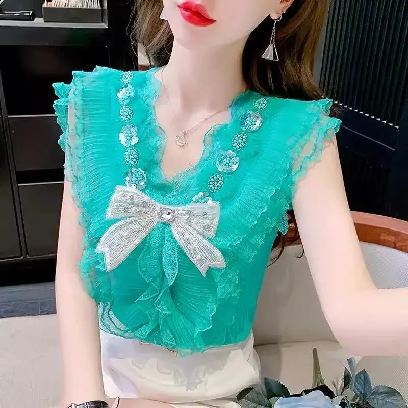 

Fashion V-Neck Beading Lace Ruffles Diamonds Bow Blouses Female Clothing 2024 Summer New Slim Sleeveless Chic Tops Sweet Shirts