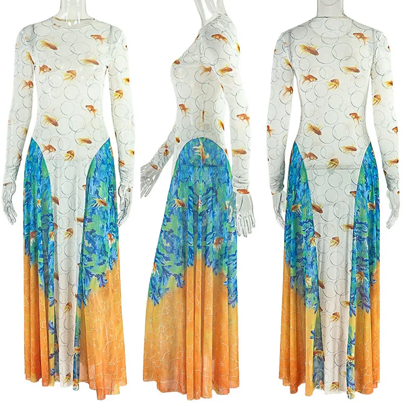 Doyerl Sexy maille pure à manches longues robe Maxi femmes boîte de nuit fête imprimer Patchwork a-ligne robes longues robes Para Mujer