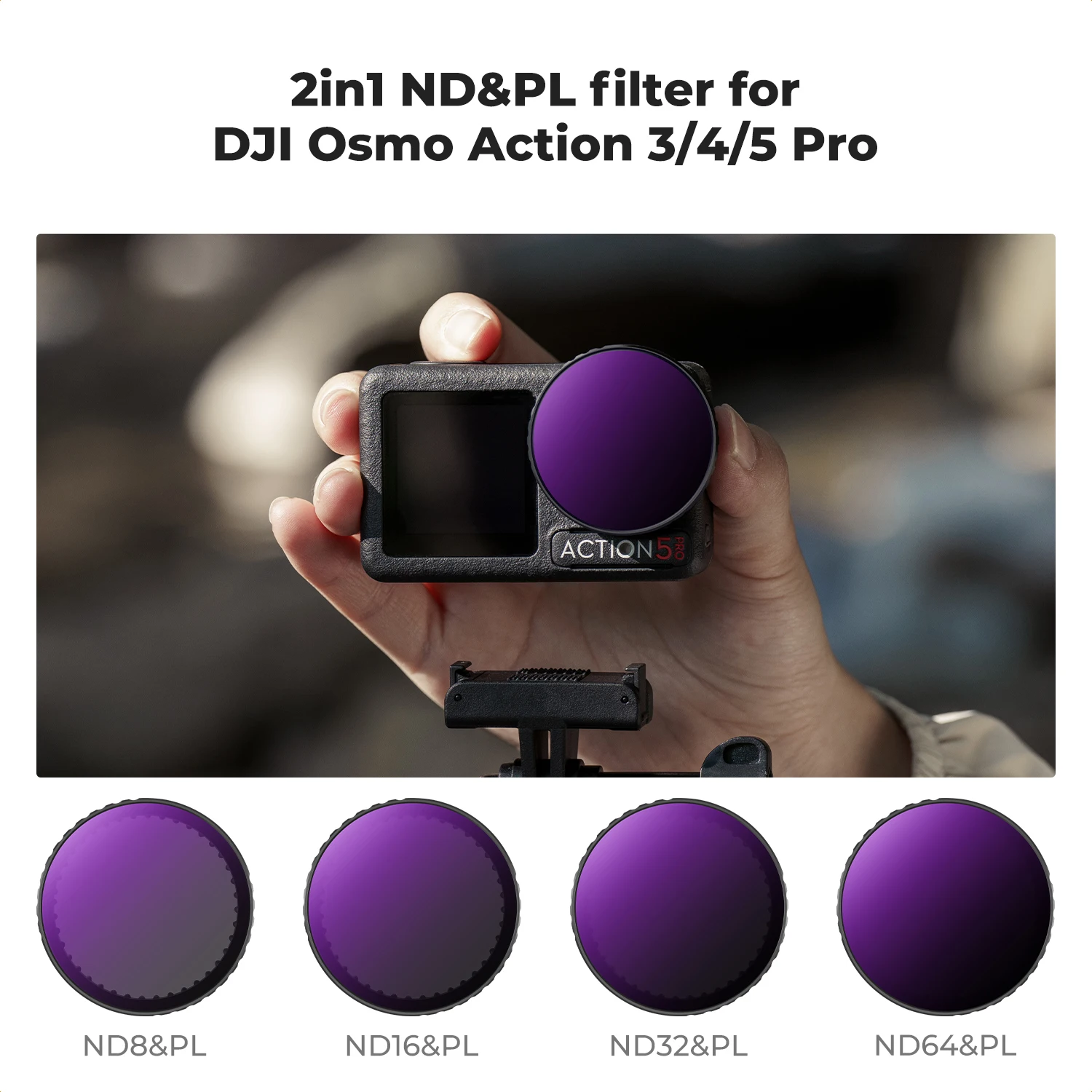 

K&F CONCEPT 4-Pack Push-in ND/PL Filters for DJI Osmo Action 3/4/5 Pro ND8/PL ND16/PL ND32/PL ND64/PL Reduce Glare Light Control