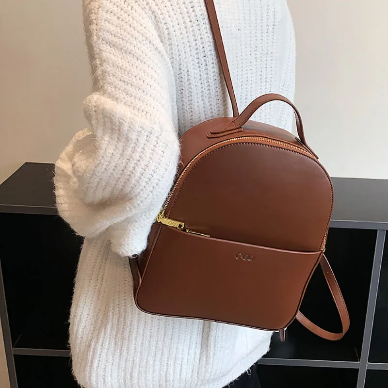 Fashion Extreme Simplicity Large Capacity Schoolbag Solid Color New Classic Vintage Backpack High-Grade Sense PU Leather Pack