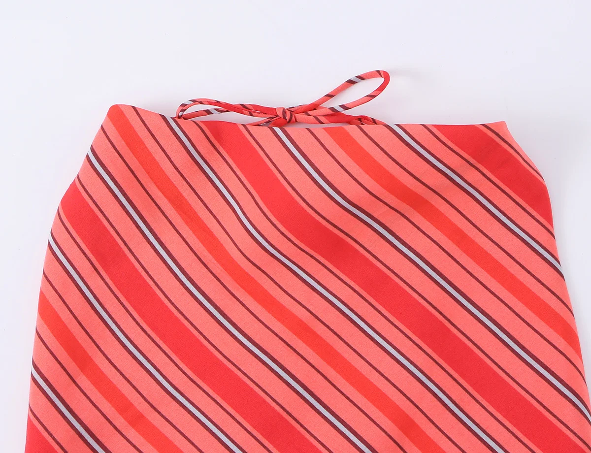HH Französischer Stil Rot Gestreiftes Neckholder-Minikleid Ärmellos mit Wasserfallausschnitt A-Linien-Sommerkleid Elegantes Sommer-Resort-Strand-Büro-Outfit – Detail 4