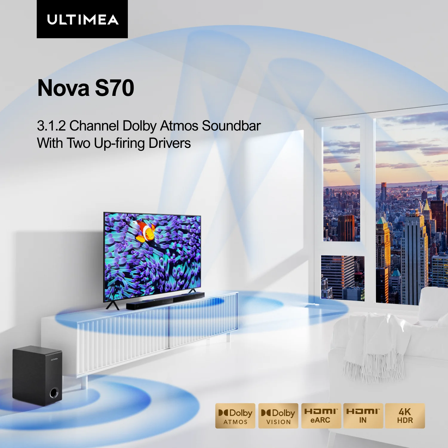 ULTIMEA Nova S70 3.1.2ch Dolby Atmos Sound Bar for TV, 2 Up-Firing Drivers, 4K Dolby Vision HDR Pass-Through, HDMI IN/eARC, 390W