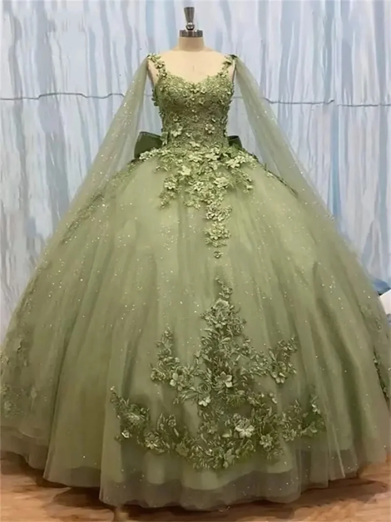 

Блестящие платья Quinceanera 2025 с бантом, на шнуровке, с 3D цветами, зеленые, для дня рождения, мексиканские платья 15 лет