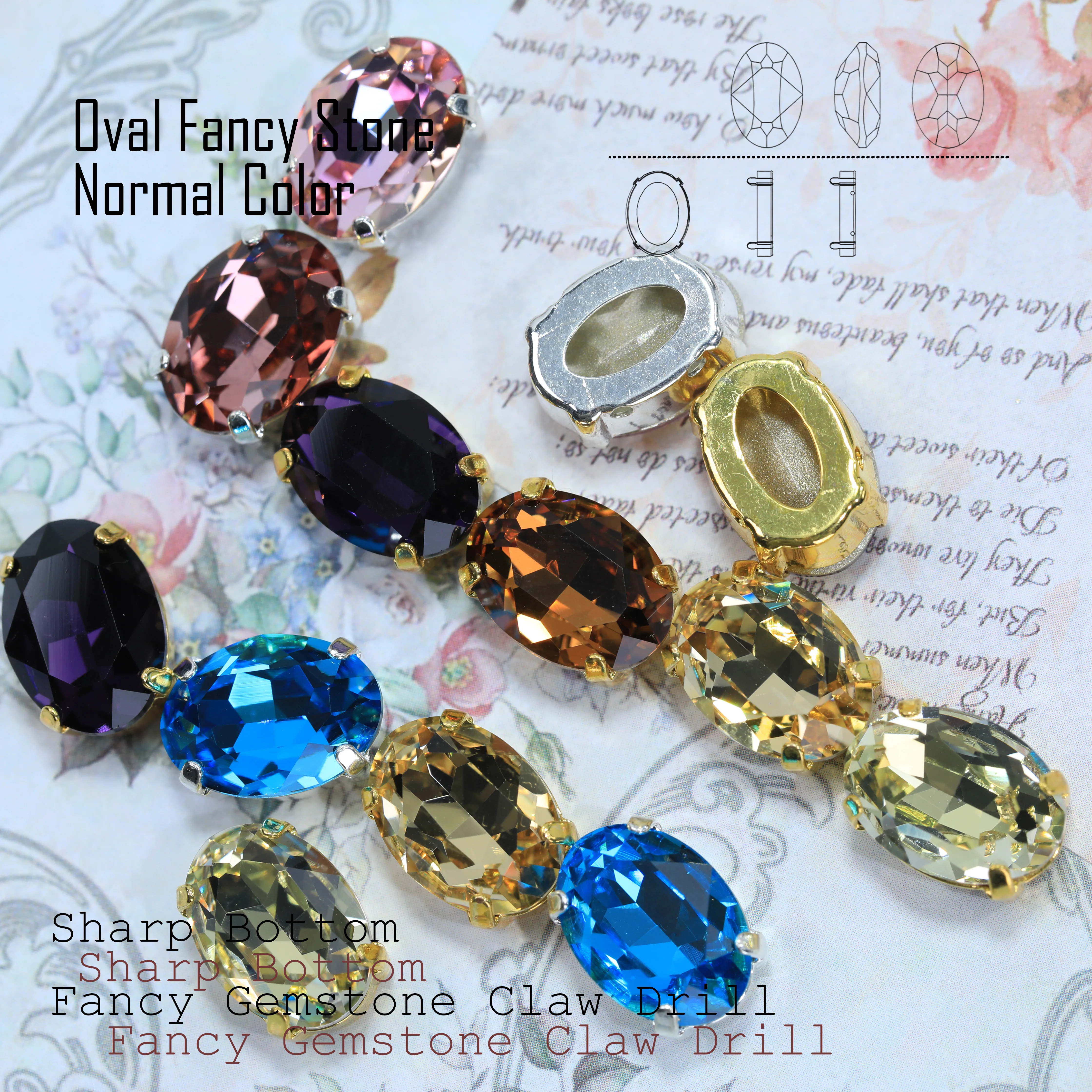 Ovaler, ausgefallener Stein, Krallen-Set, Strasssteine, normale Farbe, hochglänzender künstlicher Kristall, DIY-Zubehör für Hochzeitskleider, Schuhe, Tasche