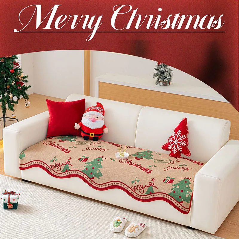 Christmas Printed Chenille Sofa Cushion Irregular Anti-Slip Couch Slipcover for All Seasons Soft Anti Cat Scratch Dust Covers