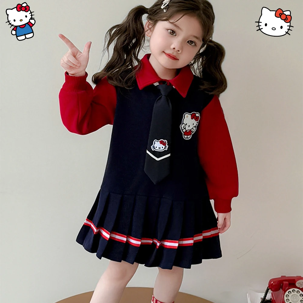 

Детское платье в студенческом стиле Hellokitty с героями мультфильмов для девочек, осенняя плиссированная юбка, милая модная одежда принцессы Sanrio, подарки