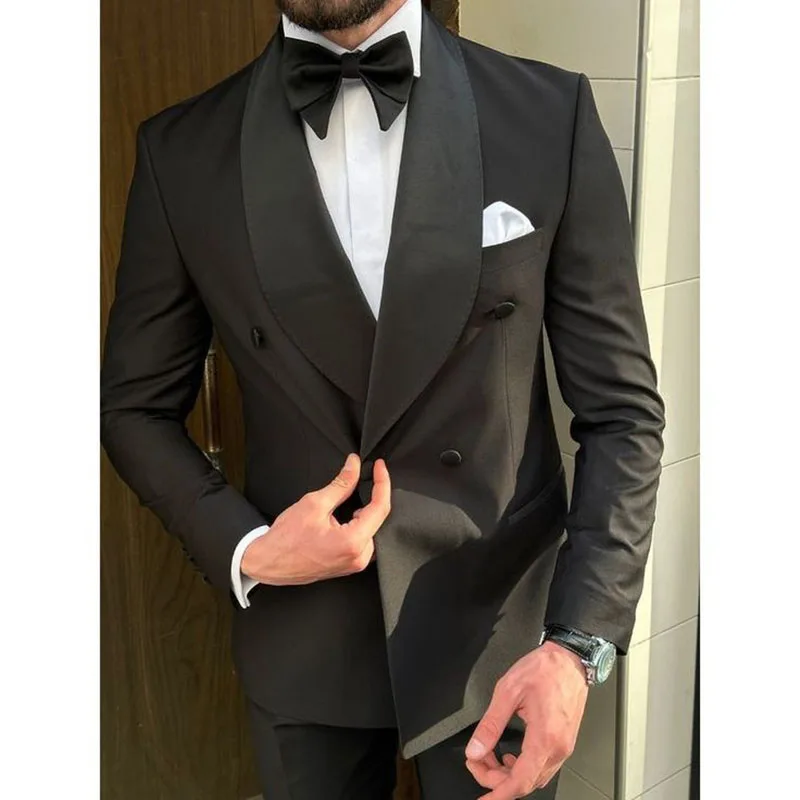 High Quality Black Suits for Men Elegant Double Breasted Shawl Lapel 2 Piece Jacket Pants Sets Formal Wedding Male Clothing