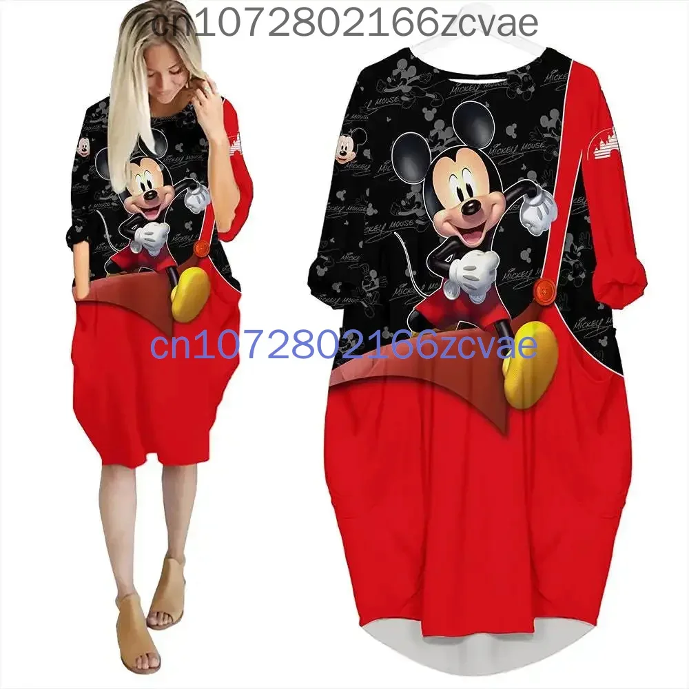 2024 New Disney Mickey Mouse Batwing Pocket Dress 3D Printed Batwing Pocket Dress Women's Pullover Oversized Female Dresses