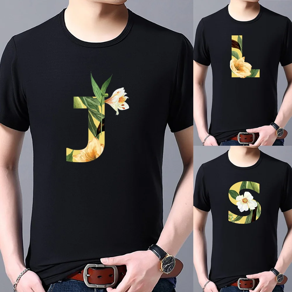 

T-Shirt Men's Round Neck Short Sleeve Black Simple Summer Floral Letter Name Pattern Fashion Casual Men's Top T Shirt