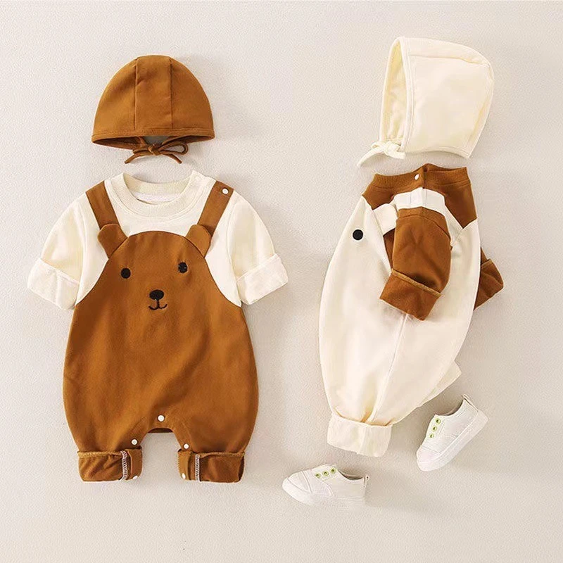 Somenie Baby Fake Two-piece Onesie with Hat - Cute Cartoon Bear Romper Boys & Girls Long-sleeve Christmas Outdoor Jumpsuit