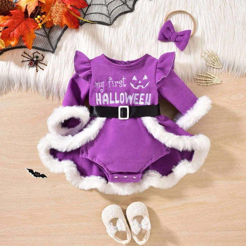 

Winter Halloween Baby Girls Bodysuit Dress Embroidered Letter Romper Long Flying Sleeve Velvety Cute Infant Girls Party Dresses