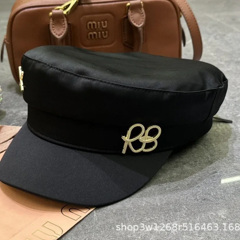 Korean Nautical Newsboy Cap - Metal Letter Logo Flat Top Hat, Women's Face Slimming Peaked Cap  Letter beret
