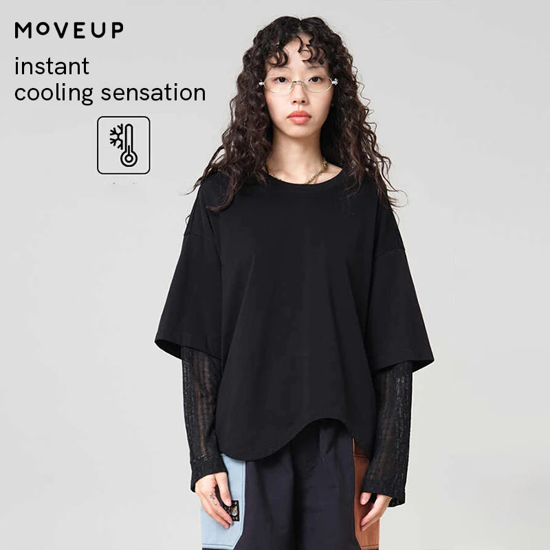 MOVEUP Long Sleeved Round Neck T-shirt 2026 Autumn False Two Pieces Asymmetrical Wave Hem Lace Casual Top for Women 3ELX10579
