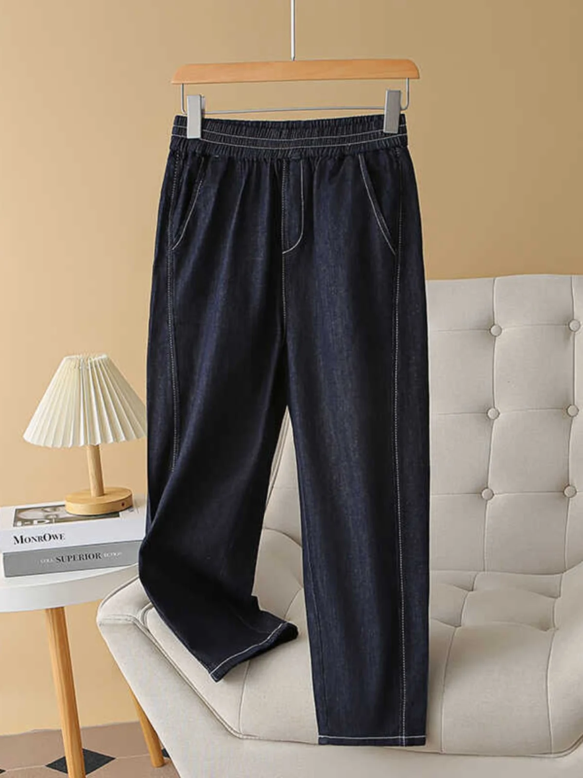 

Summer Blue Embroidered Loose Straight Leg Jeans Thin Line Pocket Detail Harem Pants plus Size Denim Trousers High Waist Nine...
