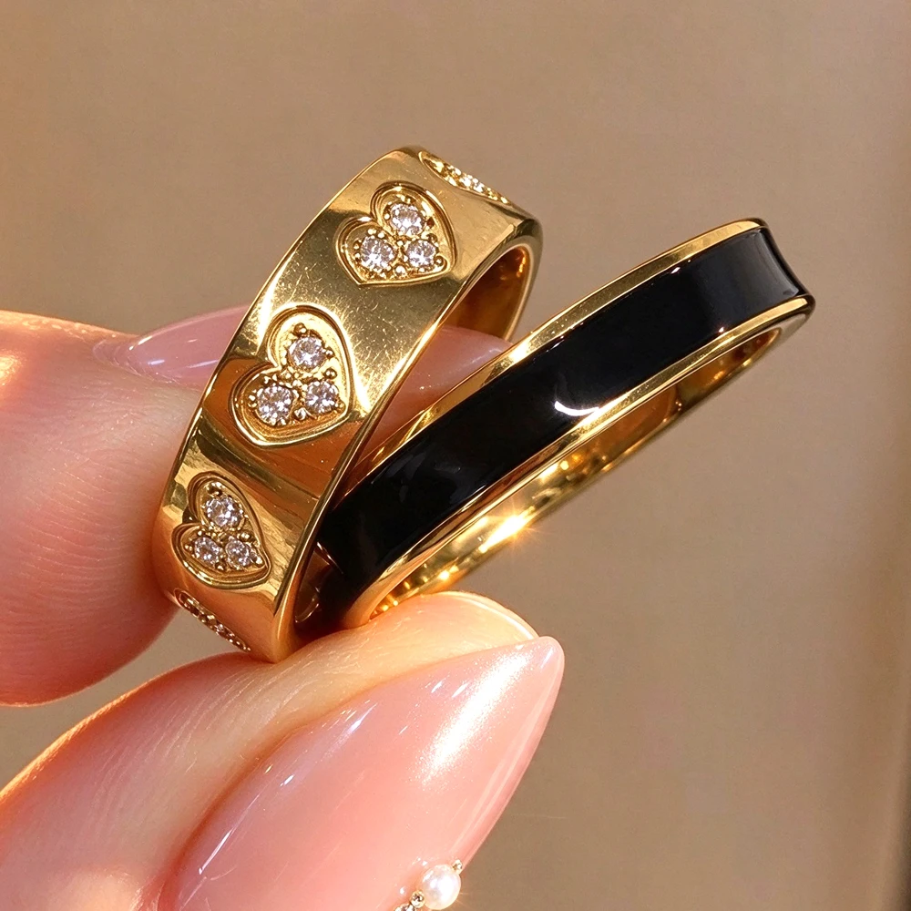 Yupsk 2pcs Stainless Steel Rings Set for Women Shiny Zircon Inlaid Black Enamel Closed Ring Couple Jewelry Gift Non-fading