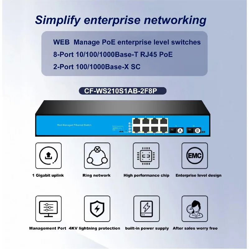 Gigabit L2 Web Enterprise Level Management PoE Ethernet Switch 2 Optical 8 Electrical Single Mode Single Fiber SNMP QoS