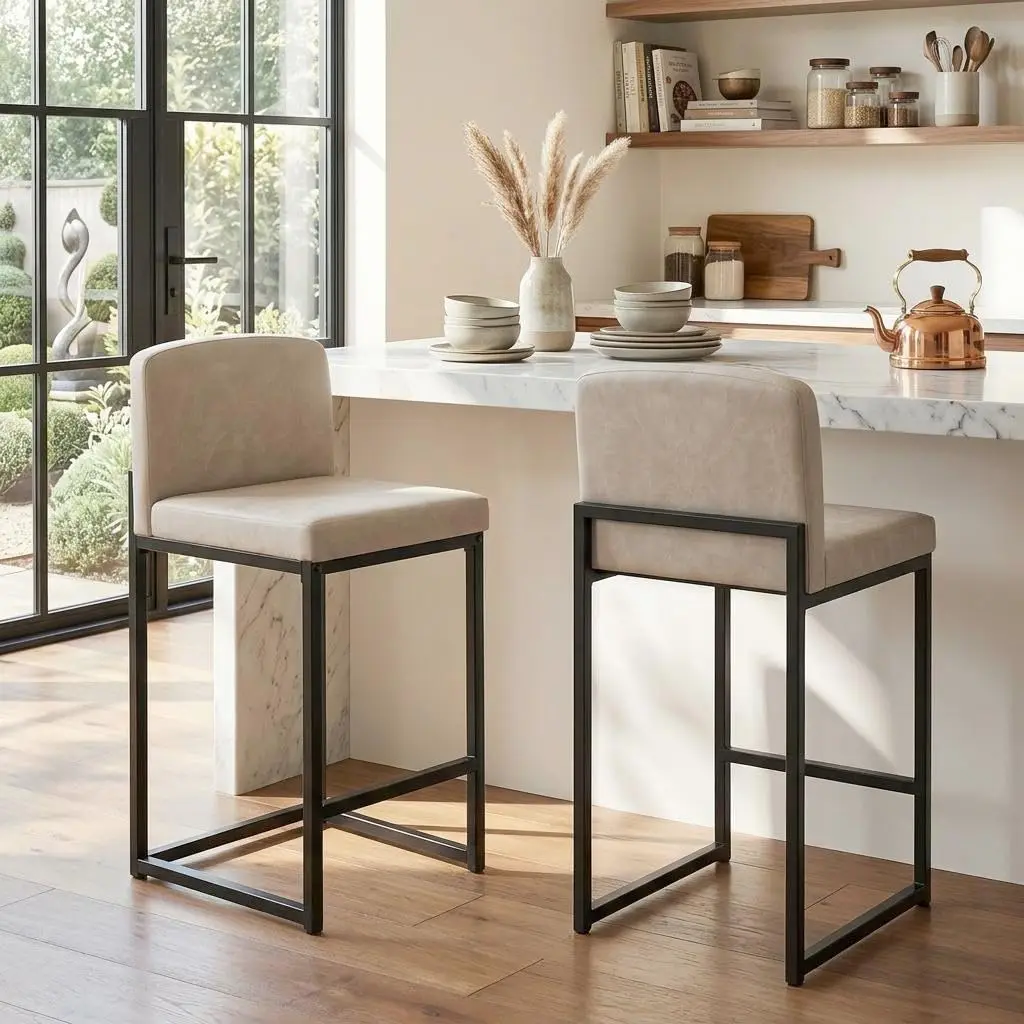 Set of 2 Counter Height Bar Stools, Modern Faux Leather Bar Stools with Back, Footrest & Thick Cushion, Bar Chairs for Kitchen Island Dining Bar