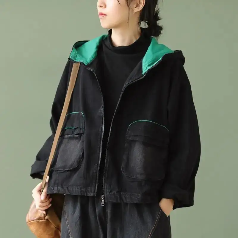 High-End Women's Spring Fashionable Denim Hooded Jacket Coat Cut-Label Tail Single Piece Cotton Commute Style Long Sleeve Zipper