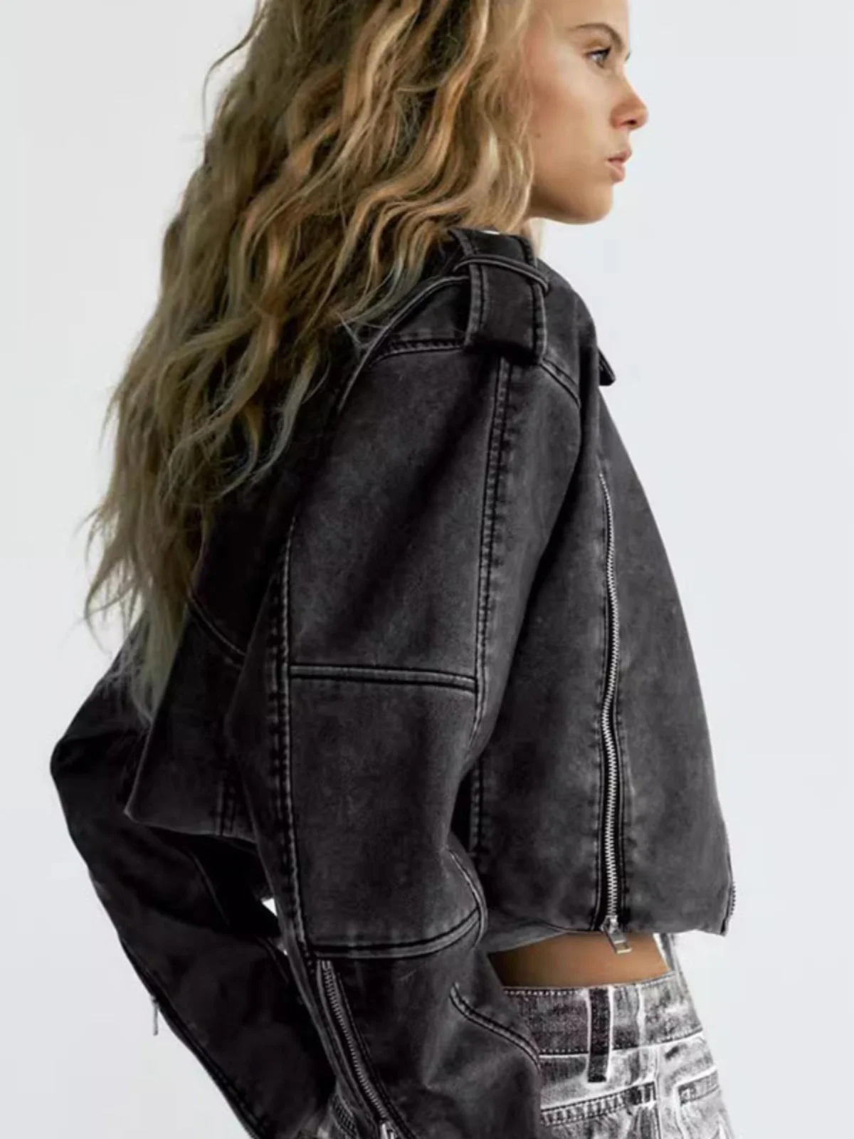 Sli usado em couro-look motociclista jaet feminino ort outerwear rua sle cor pura outono faion 2023 ajuste solto