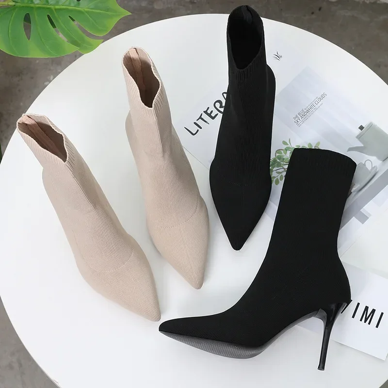 Sexy Sock Boots Knitting Stretch Boots High Heels for Women Fashion Shoes 2024 Spring Autumn Ankle Boots Female image 4