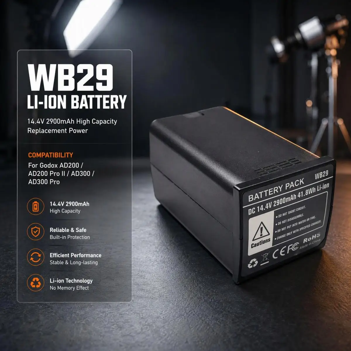 ALLCCX WB29 14.4V 2900mAh Li-ion Replacement Battery For Godox AD200 AD200 Pro II AD300 AD300 Pro Studio Flash
