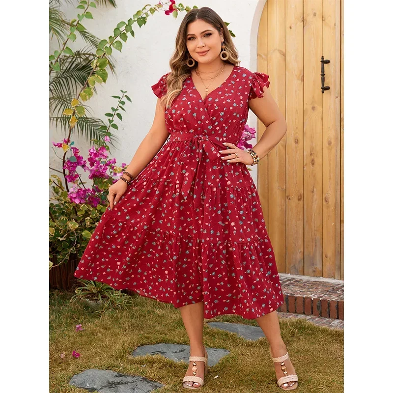 Plus Size Ruffle Cap Sleeves Wrap V Neck Swing Midi Dress Waist Belt A Line Tiered Print Boho Robe Summer Beach Sundress