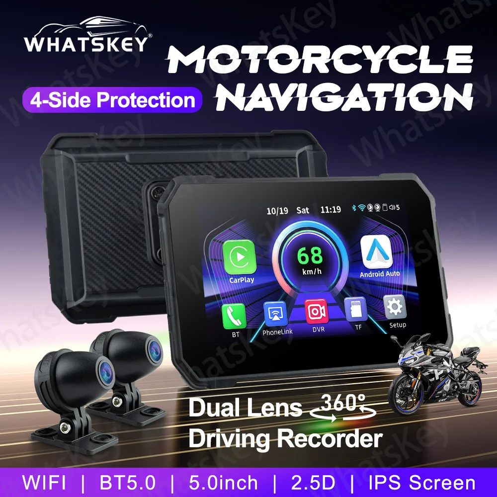 

5" IP67 Touch Screen Carplay Motorcycle GPS Dual HD 1080P Camera Wireless Android Auto Airplay Autolink for Moto Bike Universal