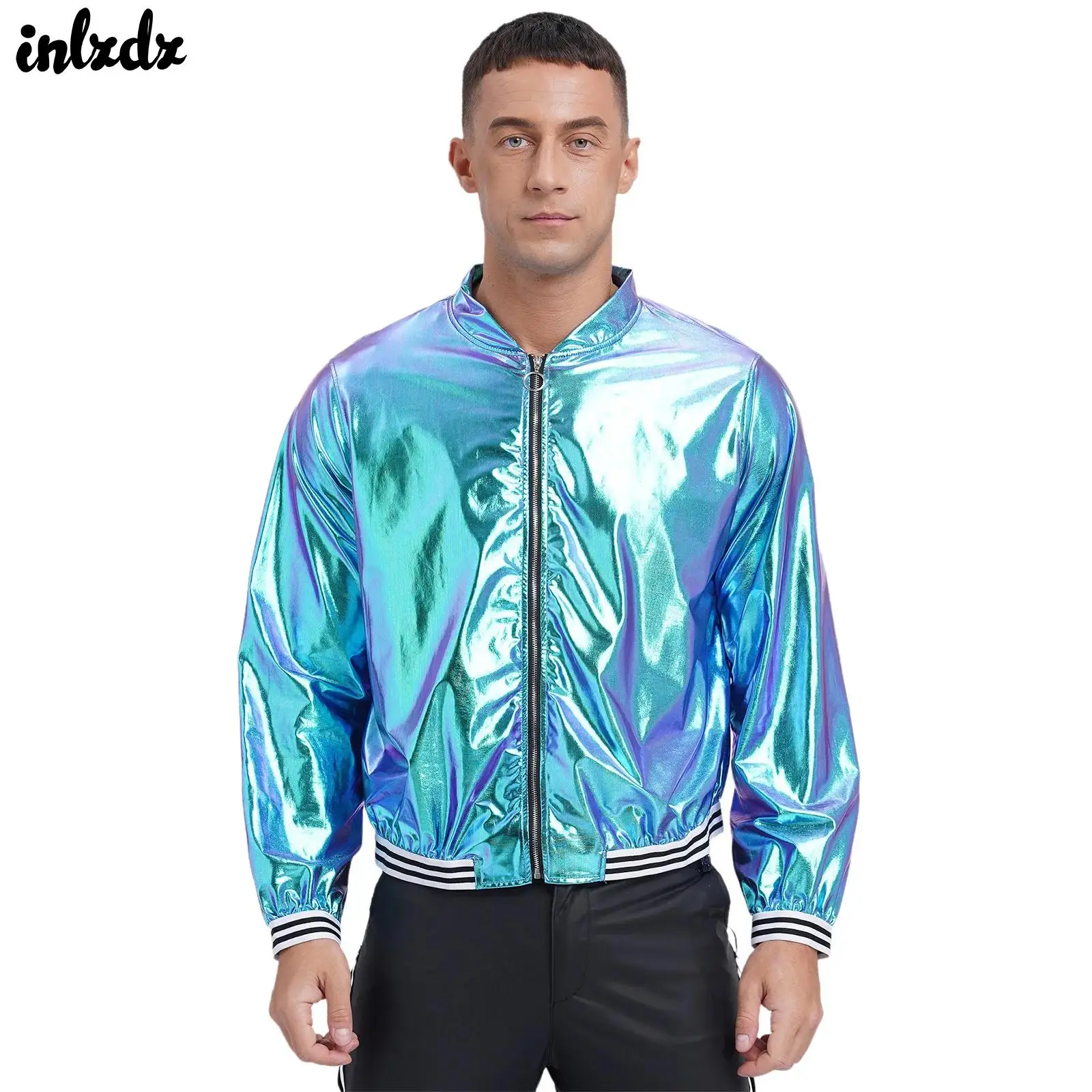 Mens Metallic Shiny Bomber Jacket Jazz Dance Performance Costumes Front Zipper Striped Band Outerwear Baseball Jacket Coat