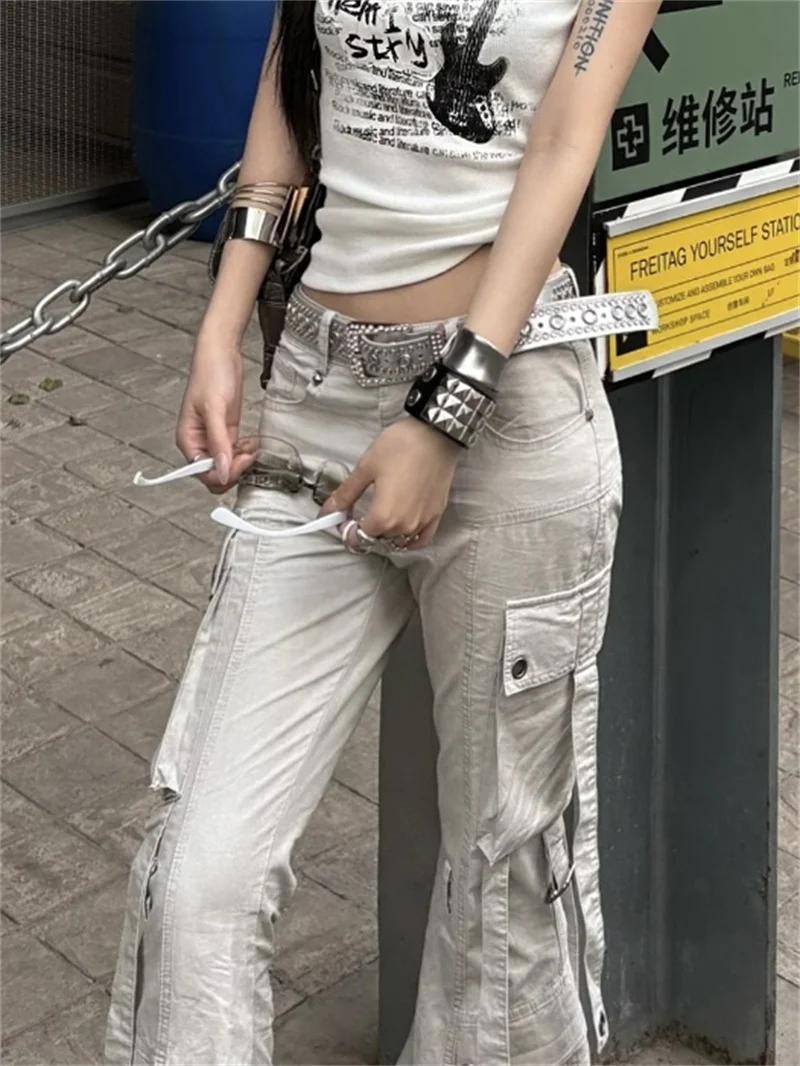 Women Goblin Core Y2k Japanese Design Harajuku Low Rise Denim Flare Cargo Pants 2000s Kpop Bell-Bottom Long Trousers Punk Jean