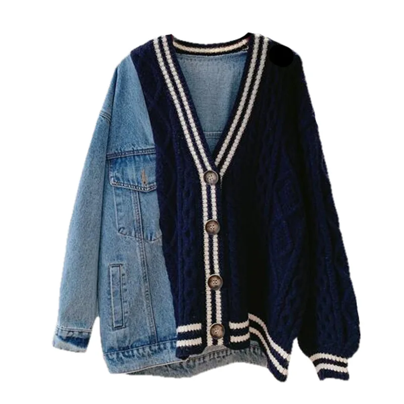 TANNT Women Cardigan Denim Sweater Patchwork Overcoat Ladies Oversized Coat Winter Autumn 2023 Spring Autumn knitted outwear