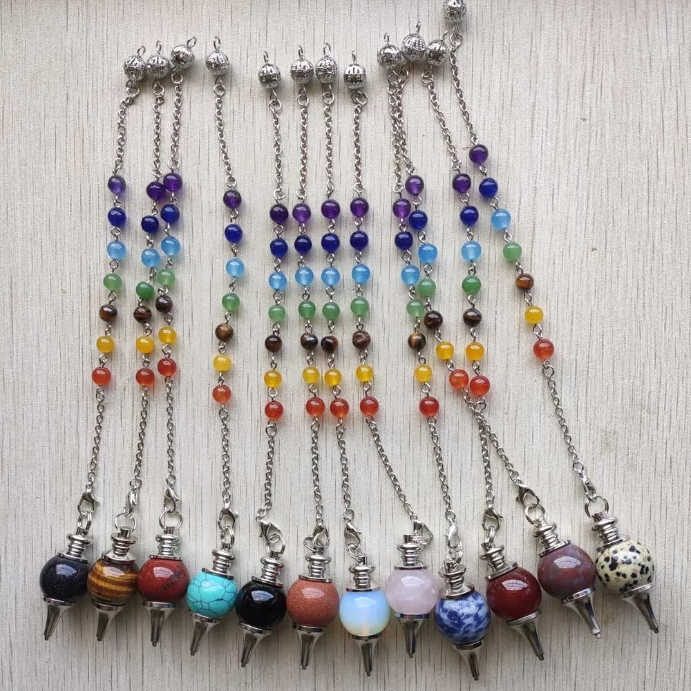 Fashio Natural stone dowsing pendulum mix circular Cone pendants with chain for jewelry making free shipping Wholesale 12pcs/lot