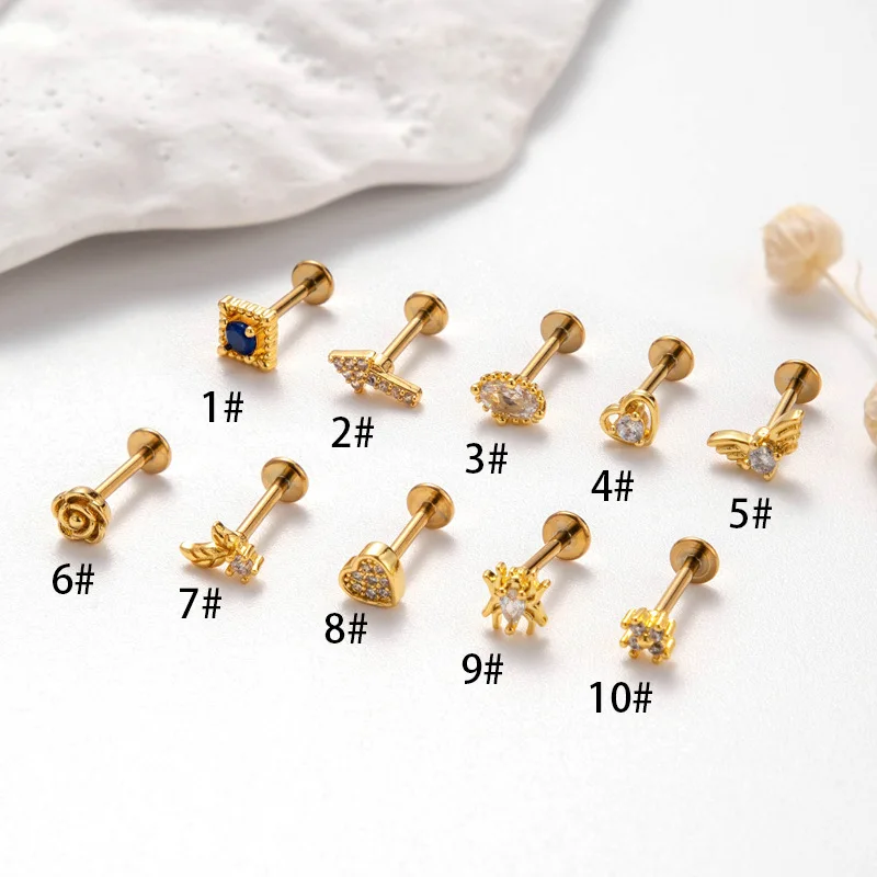 

1PC Heart G23 Titanium Plug In Lip Stud Ear Nail for Women Wing Lip Piercing Jewelry Bar Flat Zircon Stud Earrings