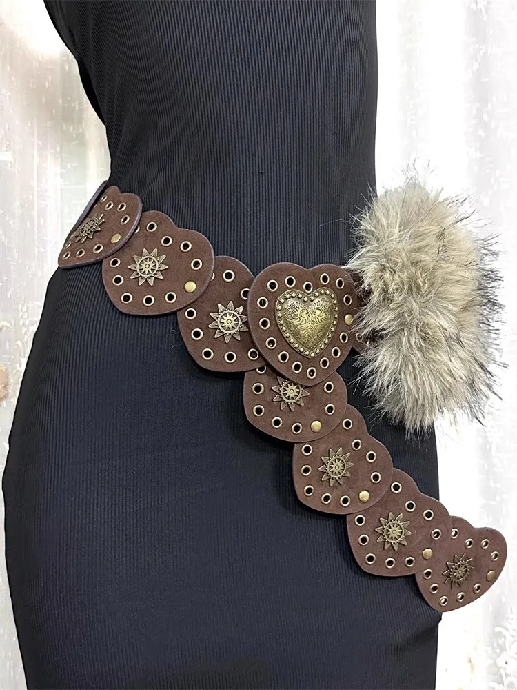 Women's Fashion Fur Patchwork PU Leather Heart Corset Female Cummerbund Coat Waistband Dress Decration Wide Belt J1326