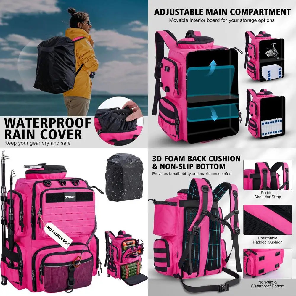 

45L Waterproof Fishing Backpack with Rod Holders, Large Storage Tackle Bag, Rain Cover Included for Outdoor Adventures