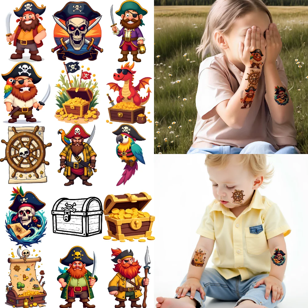 63pcs Temporary Tattoo Pirate Ship Cartoon Skeleton Skull Treasure Chest Temporary Tattoo Stickers Pirate Characters For Arms