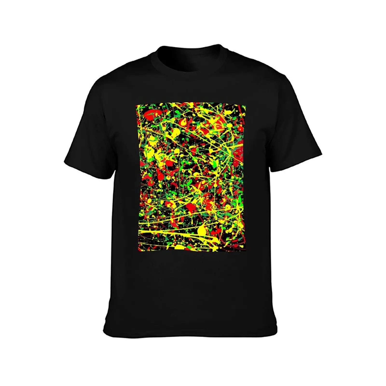 Rasta Splattered Paint in Jackson Pollock Style T-Shirt, Summer Casual Cotton Tee, Oversized Streetwear Tops, Unisex Men Women