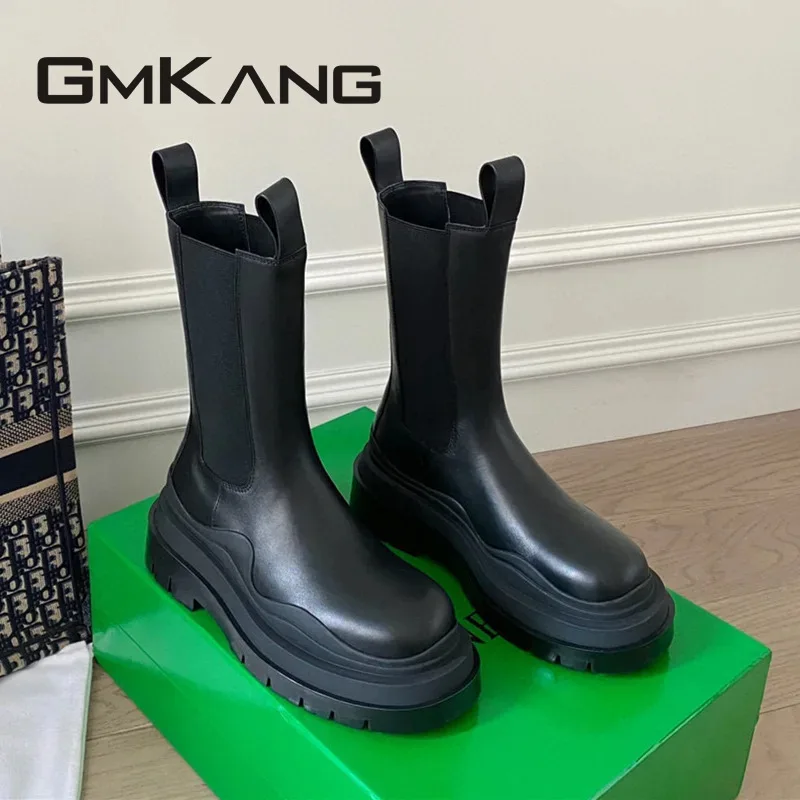 

2026 New Unisex Chelsea Boots, Platform Mid Calf Slip-On Leather Boots, Round Toe Fashion Rain Boots, Large Size for Men Women