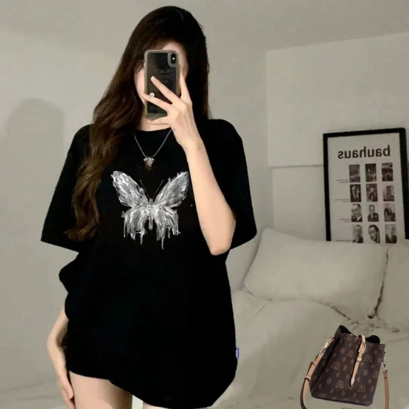 New 2024 Ice Silk American Retro Printed Summer Women\'s O-Neck Patchwork Printed Letter Fashion Loose Short Sleeve T-shirt Tops